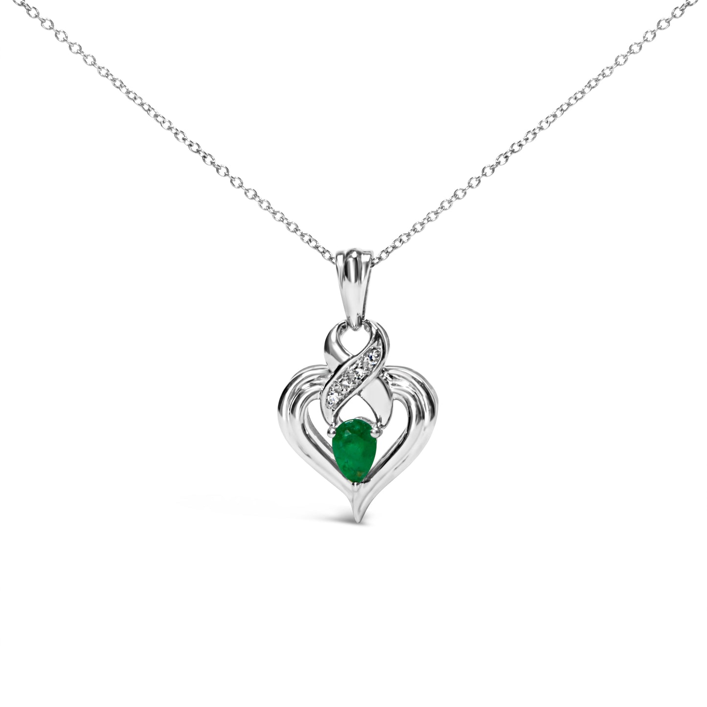 .925 Sterling Silver 6x4mm Pear Emerald and Diamond Accent Heart Pendant Necklace (H-I Color, SI1-SI2 Clarity) - 18 Inches Bids.com