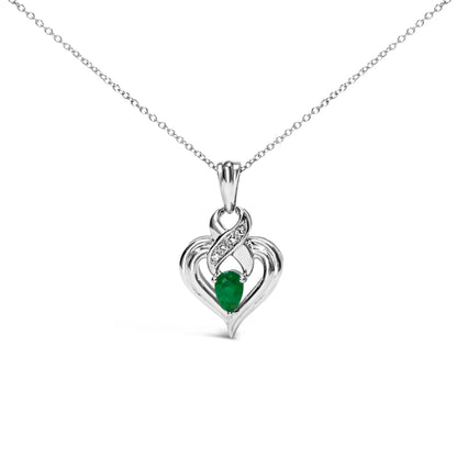.925 Sterling Silver 6x4mm Pear Emerald and Diamond Accent Heart Pendant Necklace (H-I Color, SI1-SI2 Clarity) - 18 Inches Bids.com