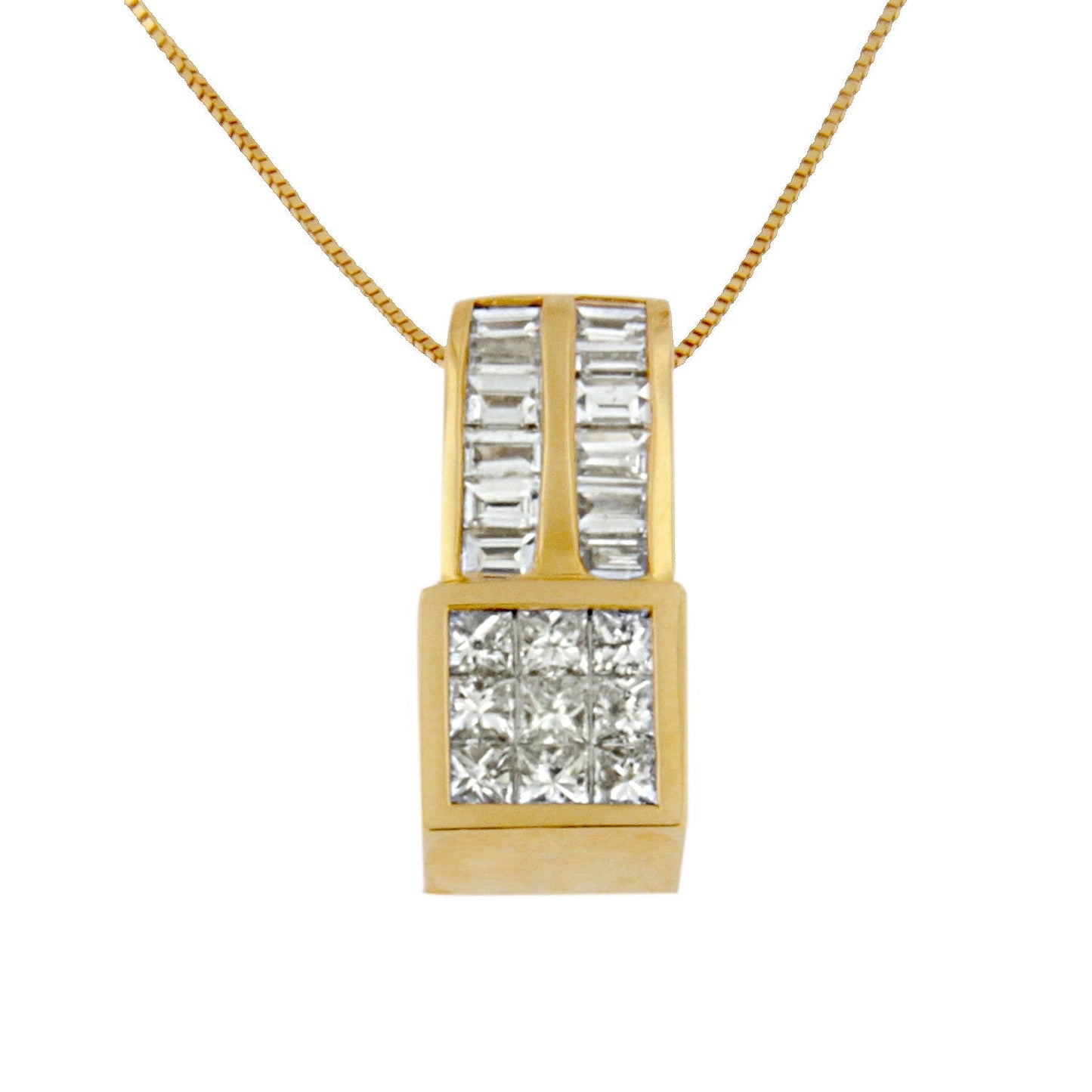 14K Yellow Gold 1 1/4 cttw Princess and Baguette Cut Geometric Inspired Diamond Pendant Necklace (H-I, VS1-VS2) Bids.com