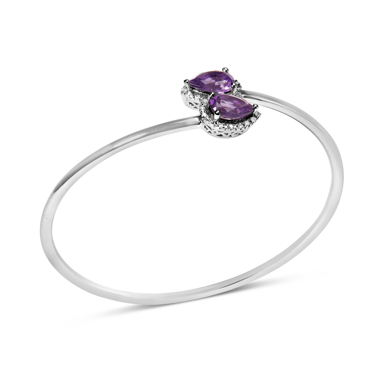 .925 Sterling Silver 8 x 5.5mm Pear Shape Amethyst  and Diamond Accent Halo Bypass Bangle Bracelet (H-I Color, SI1-SI2 Clarity)  - Fits up to 7" Inches Bids.com