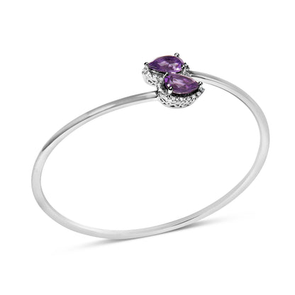 .925 Sterling Silver 8 x 5.5mm Pear Shape Amethyst  and Diamond Accent Halo Bypass Bangle Bracelet (H-I Color, SI1-SI2 Clarity)  - Fits up to 7" Inches Bids.com