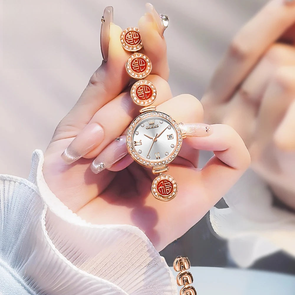 Women's Elegant Bracelet Quartz Watch Red Dial Waterproof BandsCo Straps