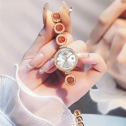 Women's Elegant Bracelet Quartz Watch Red Dial Waterproof BandsCo Straps