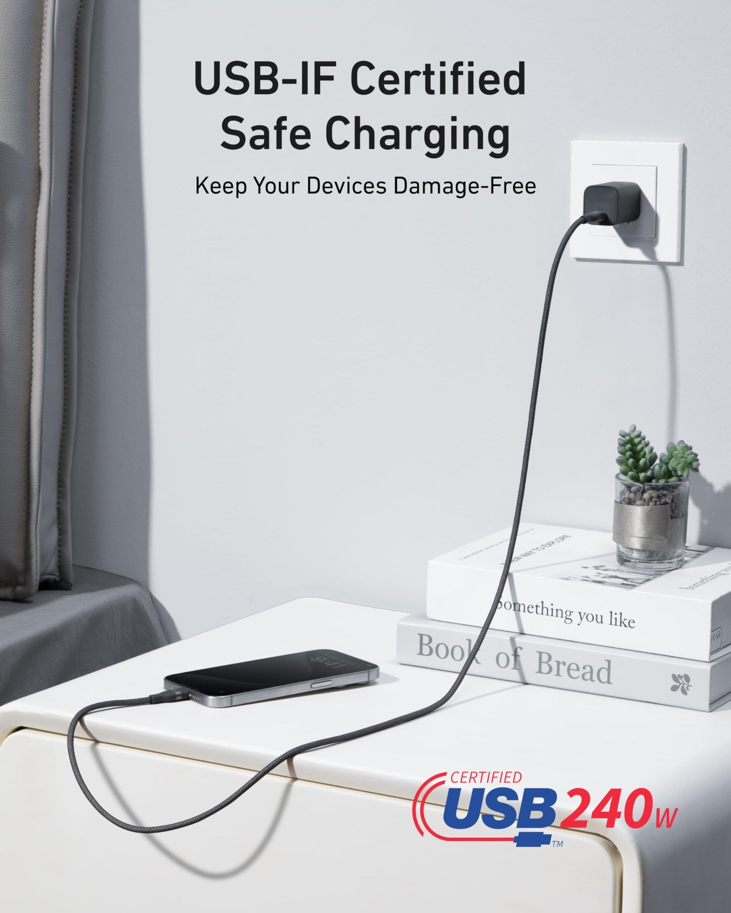 Anker USB-C to USB-C Cable (3 ft / 6 ft, 240W, Upcycled-Braided) Anker
