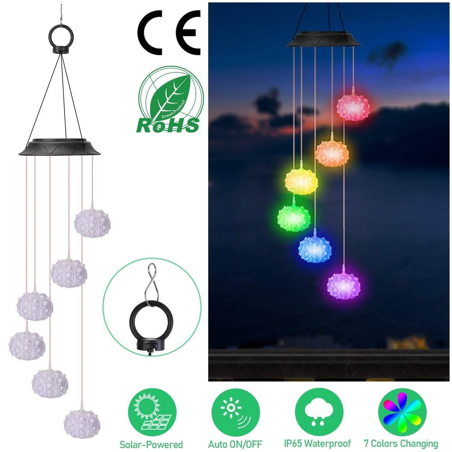 7 Color Changing Solar Wind Chime Lights Sea Urchins Decorative Lamp DailySale