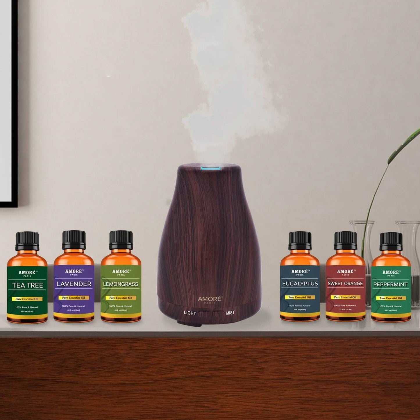 7-Piece Set: Natural Wood Grain Cool Mist Aromatherapy Diffuser With Essential Oil DailySale