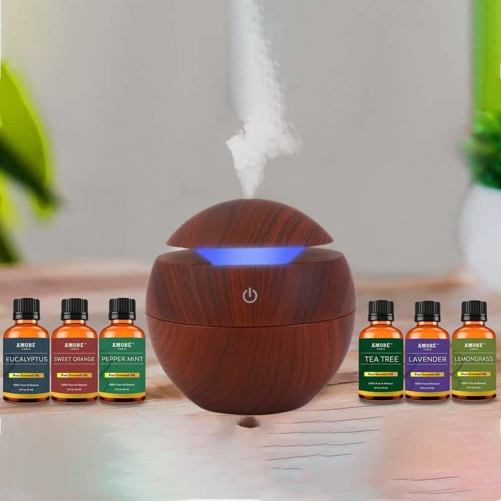 7-Piece: Ultrasonic Cool Mist Wood-Look Aroma Diffuser with Essential Oils DailySale