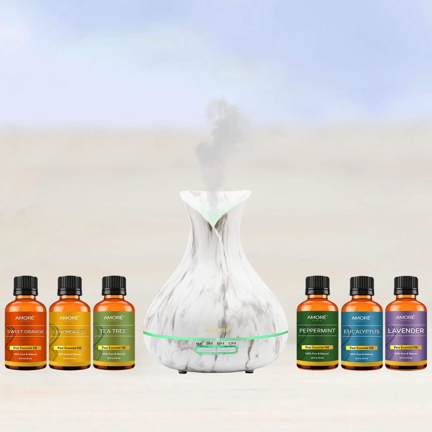 7-Piece: White Marble 300ml Ultrasonic Aroma Diffuser with Essential Oil Gift Set DailySale
