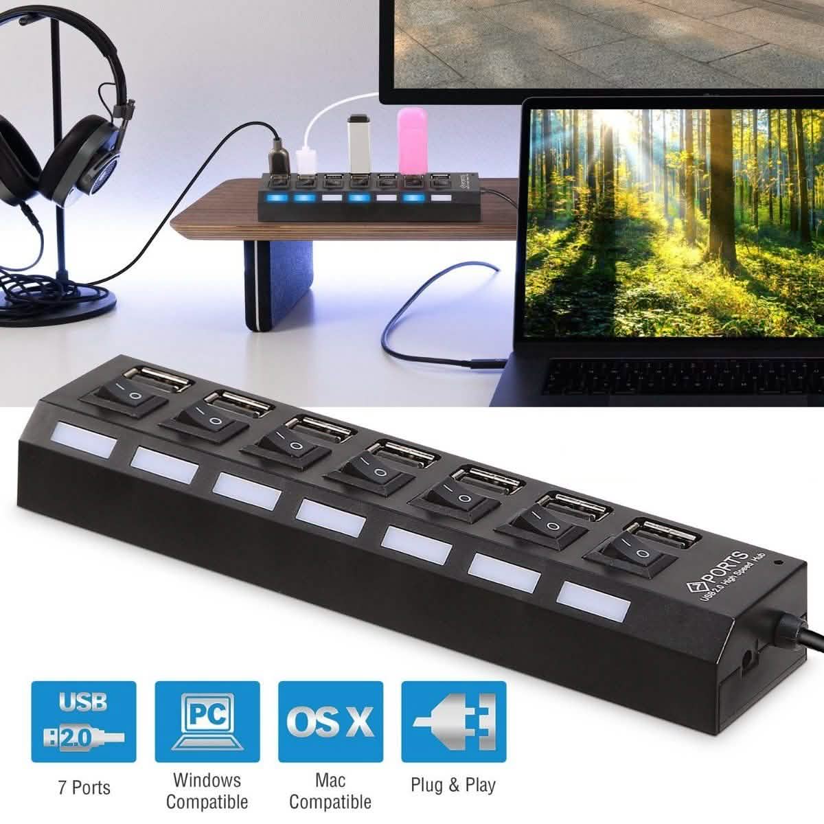 7 Port USB 2.0 Hub High Speed Multiport DailySale