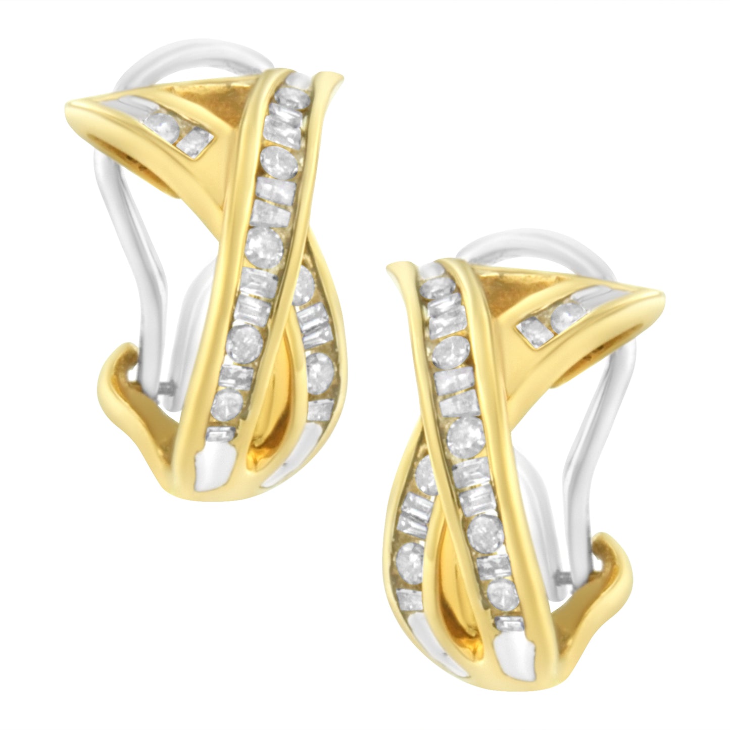 14K Yellow and White Gold 1/2 TDW "X" Shape Cross Over Diamond Hoop Earrings (I-J, I2-I3) Bids.com