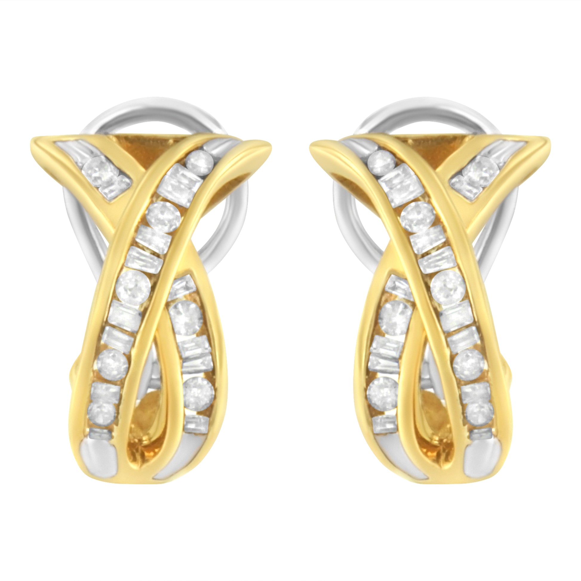 14K Yellow and White Gold 1/2 TDW "X" Shape Cross Over Diamond Hoop Earrings (I-J, I2-I3) Bids.com