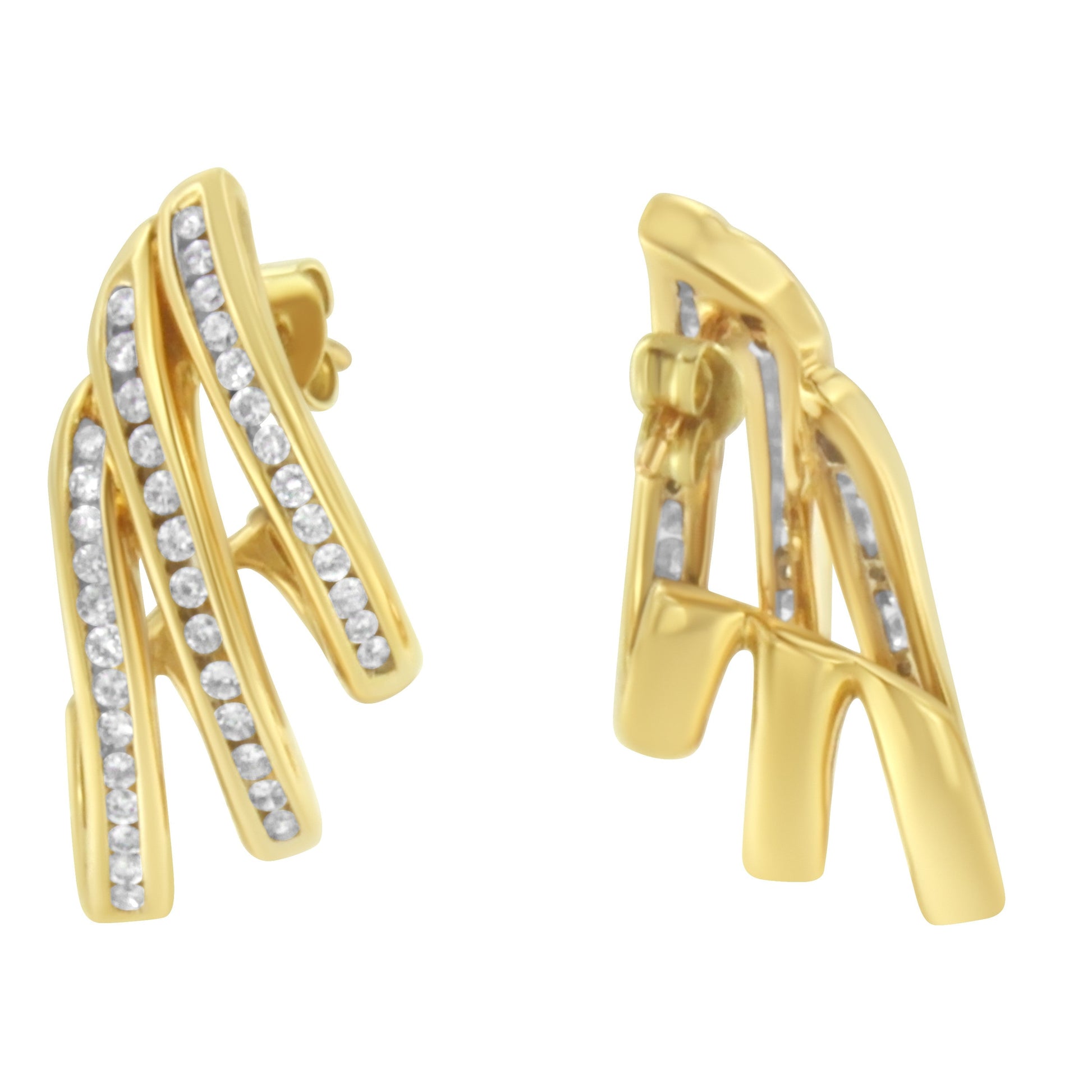 10K Yellow Gold 1.0 Cttw Round Brilliant Cut Diamond Spiral Multi Row Channel Set Open Hoop Pushback Stud Earrings (H-I Color, I1-I2 Clarity) Bids.com