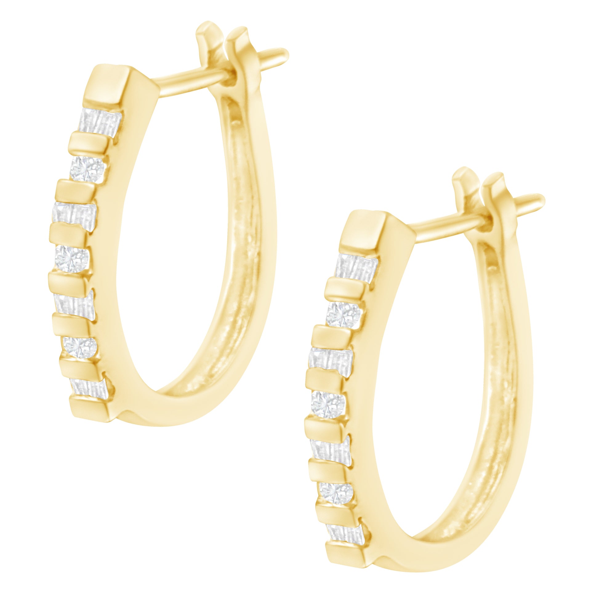 10K Yellow Gold Round and Baguette Cut Diamond Oblong Hinged Leverback Hoop Earrings (Â¼ Cttw, I-J Color, I2-I3 Clarity) Bids.com
