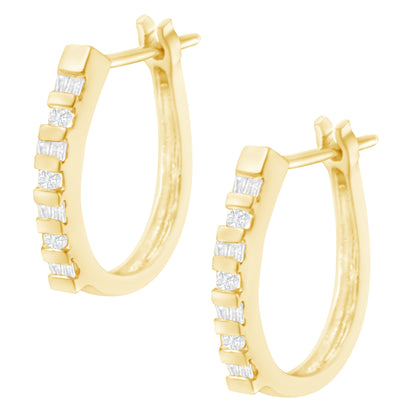 10K Yellow Gold Round and Baguette Cut Diamond Oblong Hinged Leverback Hoop Earrings (Â¼ Cttw, I-J Color, I2-I3 Clarity) Bids.com