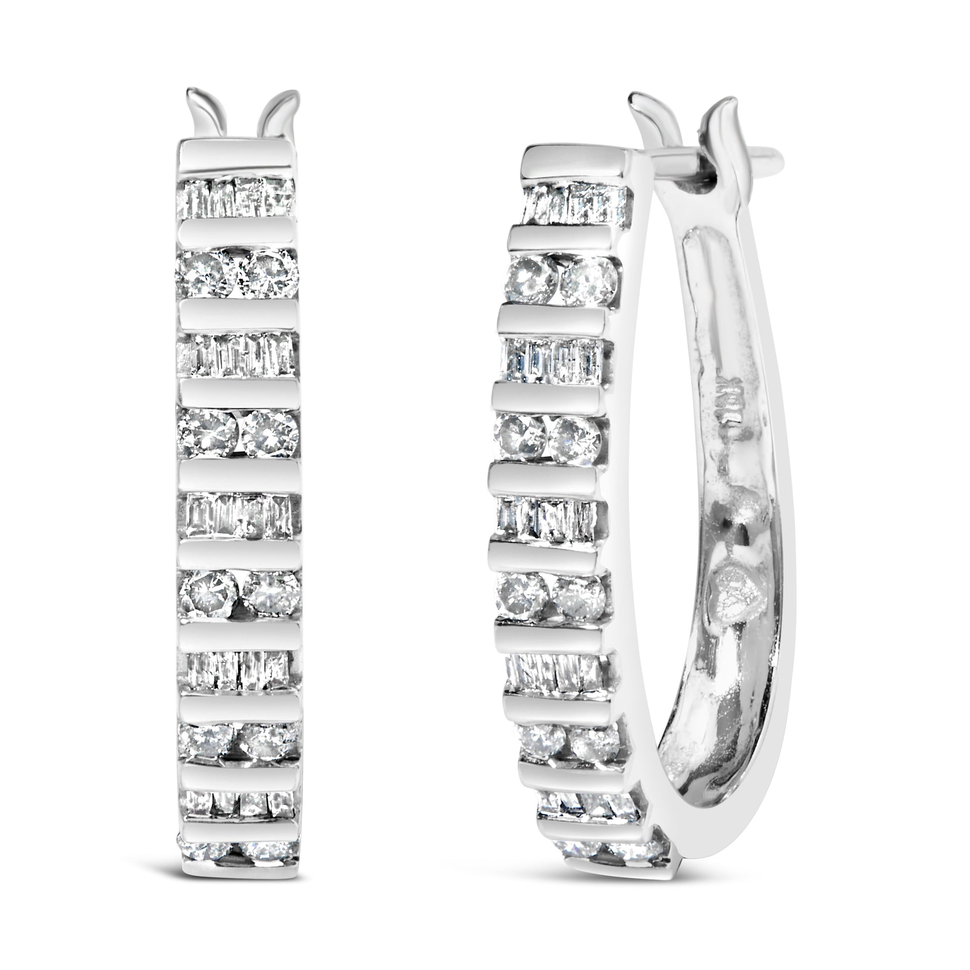 10K White Gold 1.0 Cttw Alternating  Diamond "U" Hoop Earrings (I-J Color, I2-I3 Clarity) Bids.com
