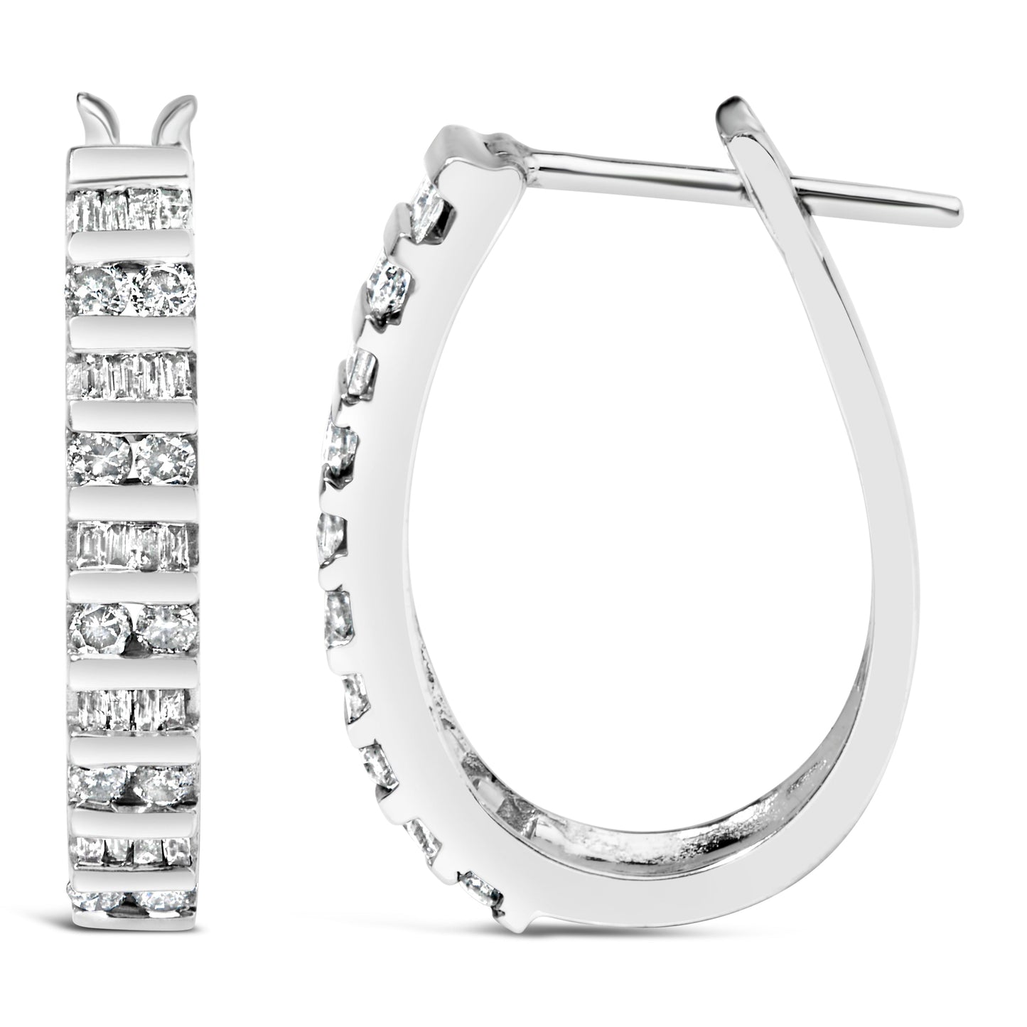 10K White Gold 1.0 Cttw Alternating  Diamond "U" Hoop Earrings (I-J Color, I2-I3 Clarity) Bids.com