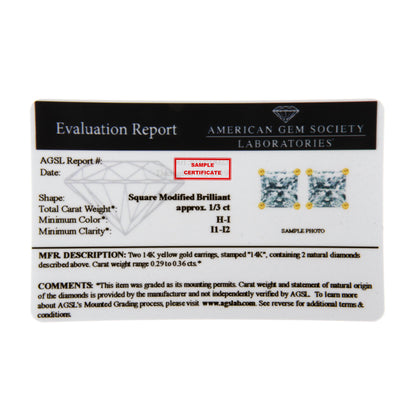 14K Yellow Gold Clarity Enhanced Princess Cut Diamond Certified Stud Earrings (0.50 cttw, H-I Color, I1-I2 Clarity) Bids.com