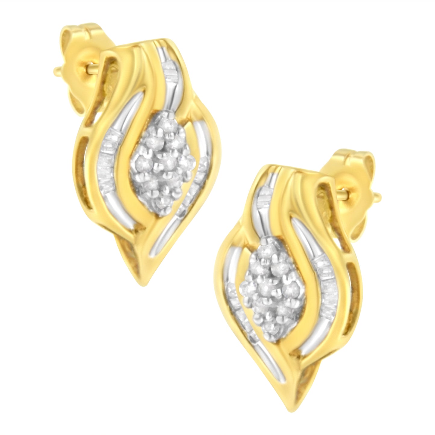 10K Yellow Gold 1/3 cttw Round-Cut Diamond Cluster and Swirl Stud Earrings (J-K Clarity, I2-I3 Color) Bids.com