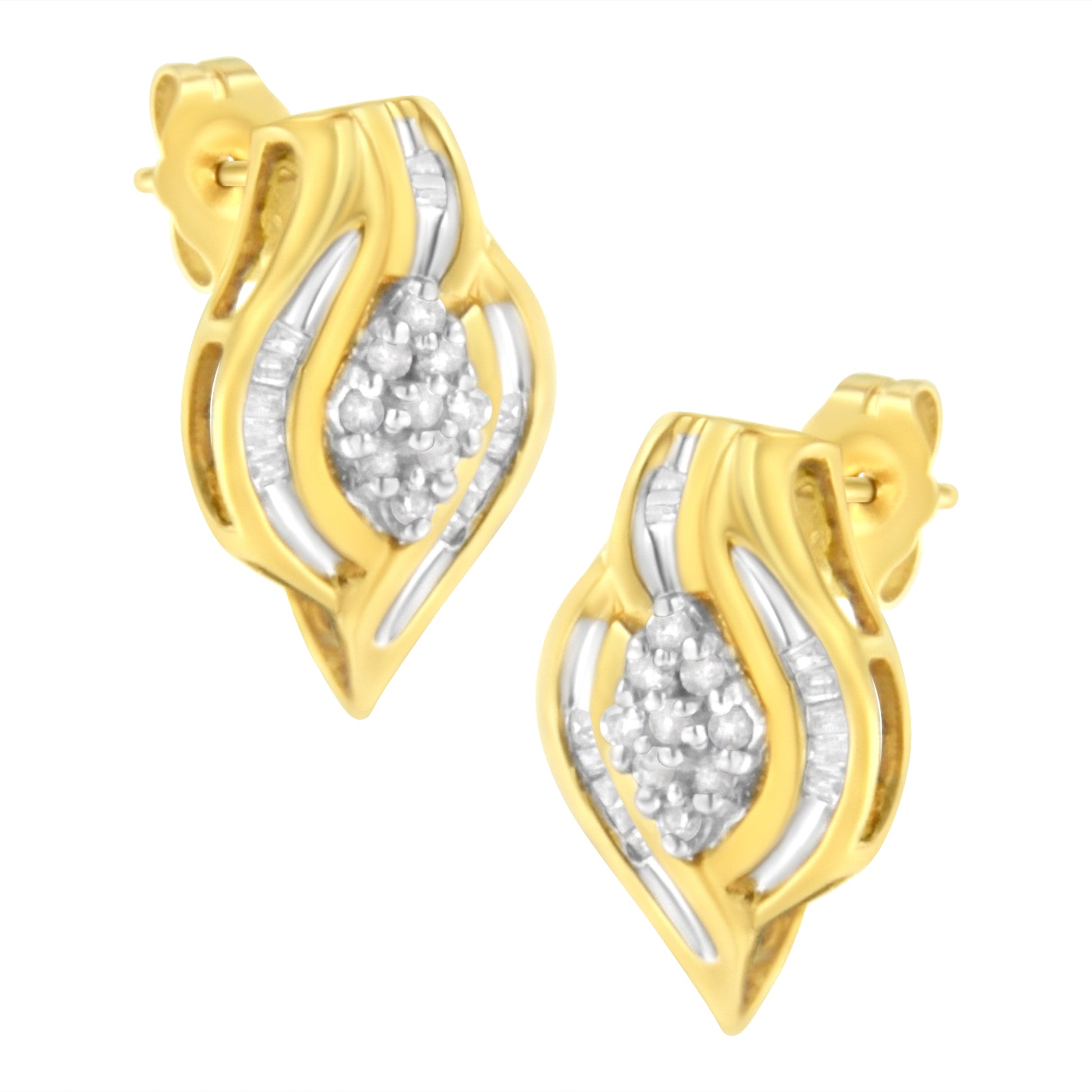 10K Yellow Gold 1/3 cttw Round-Cut Diamond Cluster and Swirl Stud Earrings (J-K Clarity, I2-I3 Color) Bids.com