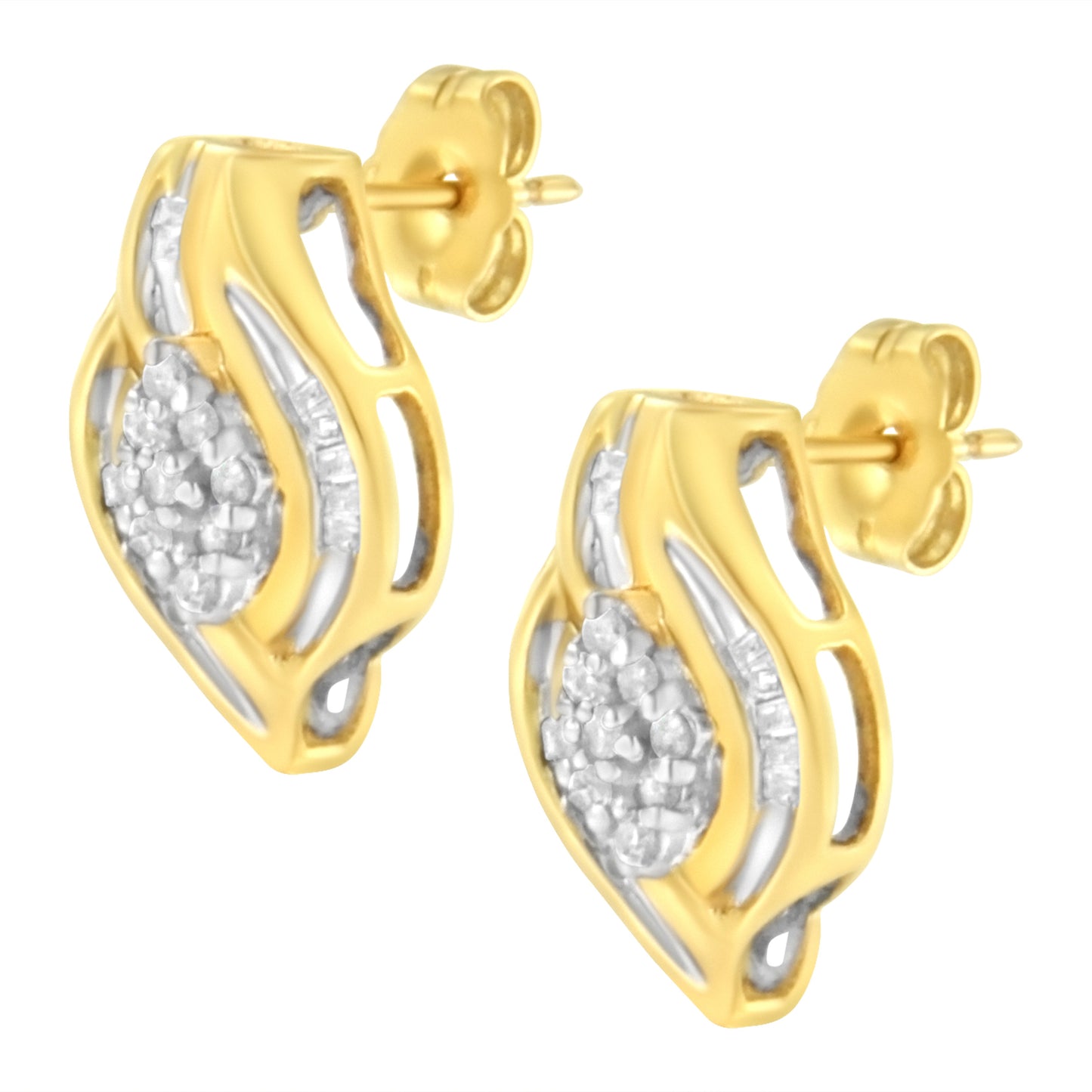 10K Yellow Gold 1/3 cttw Round-Cut Diamond Cluster and Swirl Stud Earrings (J-K Clarity, I2-I3 Color) Bids.com