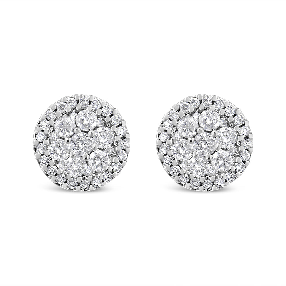 AGS Certified 14K White Gold 1.0 Cttw Brilliant-Cut Diamond Halo-Style Cluster Round Button Stud Earrings (G-H Color, I1-I2 Clarity) Bids.com