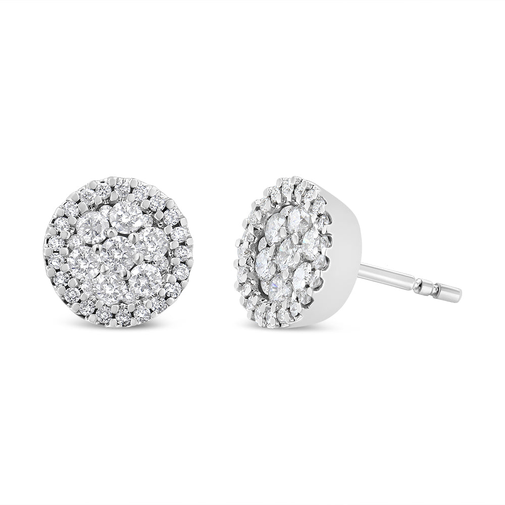14K White Gold 1.0 Cttw Brilliant-Cut Diamond Halo-Style Cluster Round Button Stud Earrings (H-I Color, I1-I2 Clarity) Bids.com