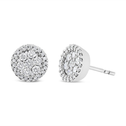 14K White Gold 1.0 Cttw Brilliant-Cut Diamond Halo-Style Cluster Round Button Stud Earrings (H-I Color, I1-I2 Clarity) Bids.com