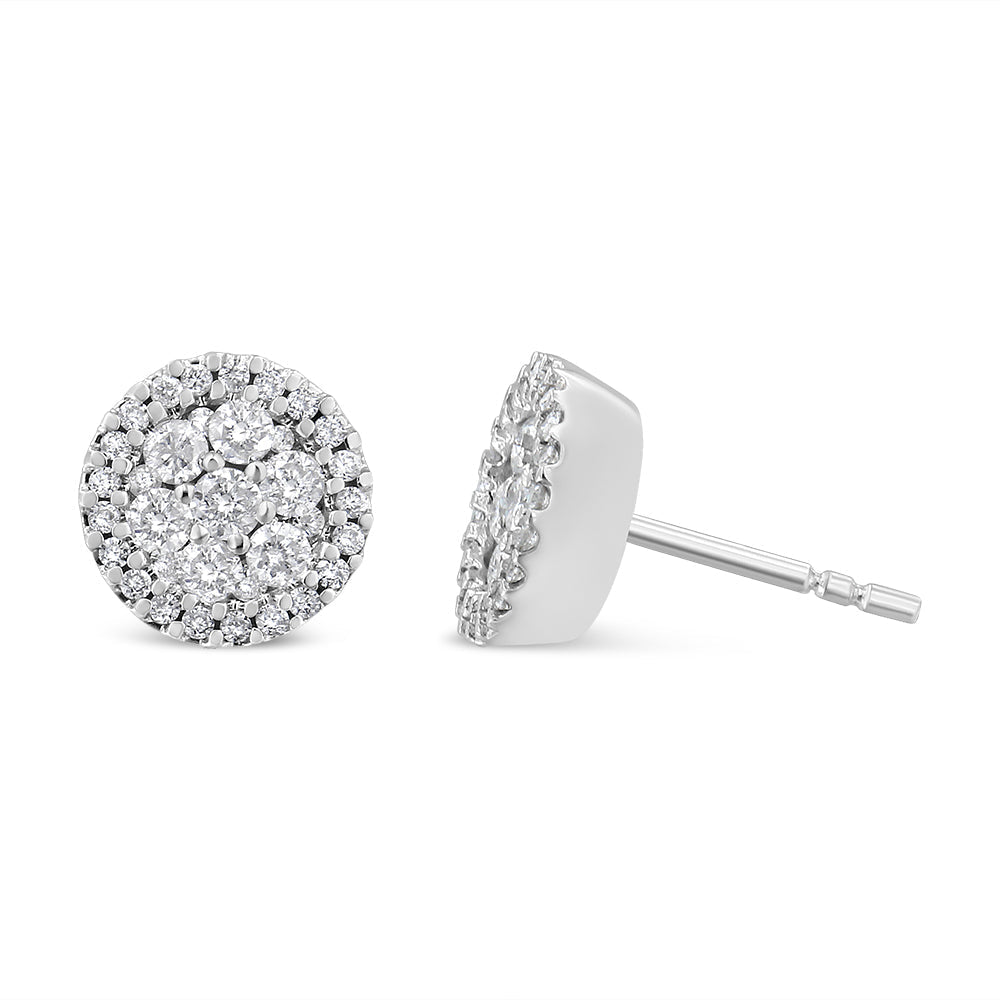AGS Certified 14K White Gold 1.0 Cttw Brilliant-Cut Diamond Halo-Style Cluster Round Button Stud Earrings (G-H Color, I1-I2 Clarity) Bids.com