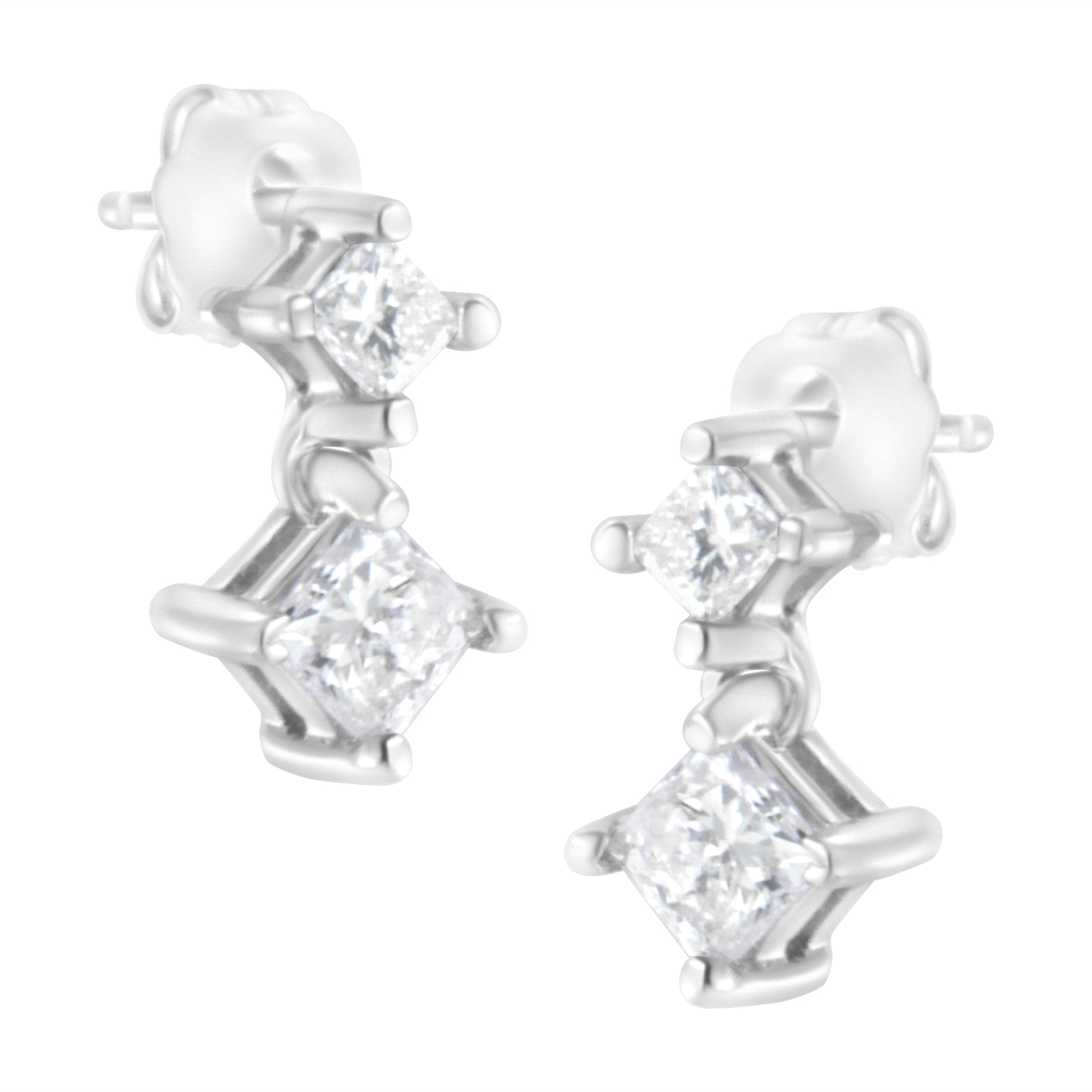 14K White Gold 3/4 cttw Double Diamond Princess-Cut Stud Earrings (I-J Clarity, I2-I3 Color) Bids.com