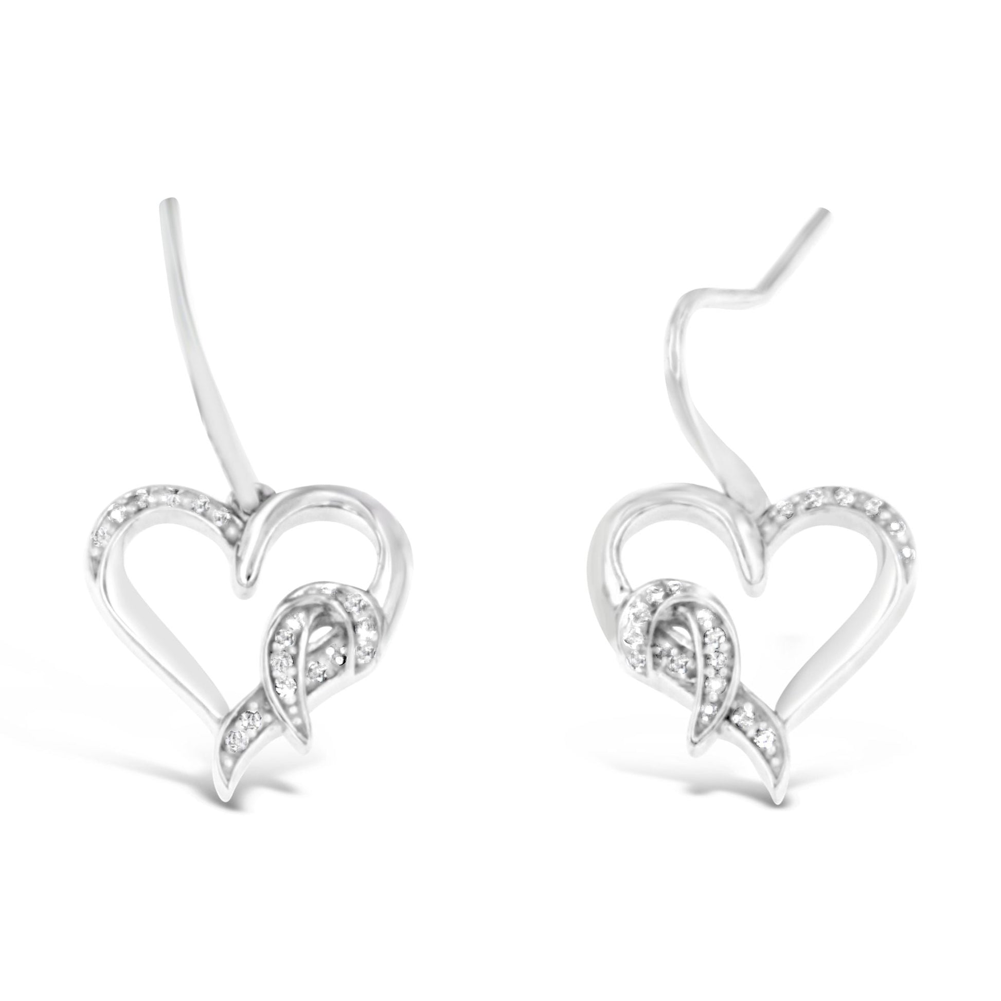 Sterling Silver Round Cut Diamond Heart Dangle Earrings (0.09 cttw, H-I Color, I1-I2 Clarity) Bids.com