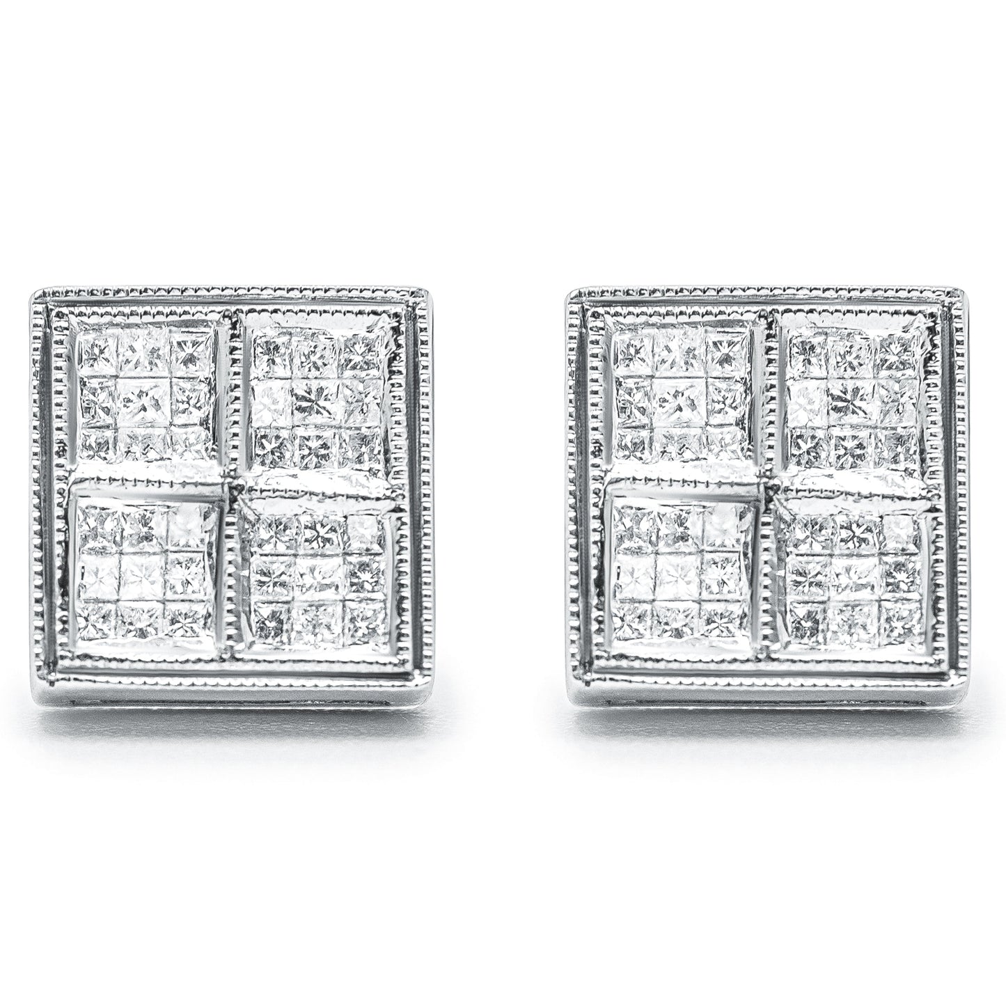 14K White Gold 1/2 Cttw Princess Diamond Composite Box Shape Milgrain Stud Earrings (H-I Color, SI1-SI2 Clarity) Bids.com