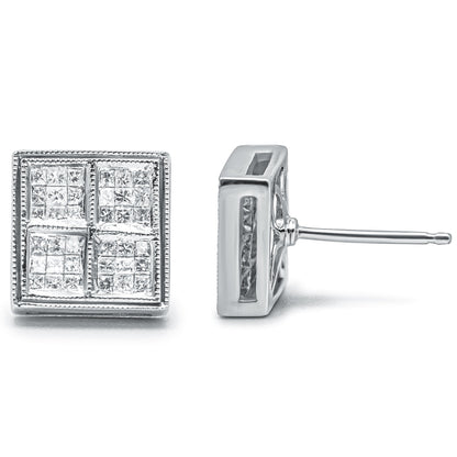 14K White Gold 1/2 Cttw Princess Diamond Composite Box Shape Milgrain Stud Earrings (H-I Color, SI1-SI2 Clarity) Bids.com
