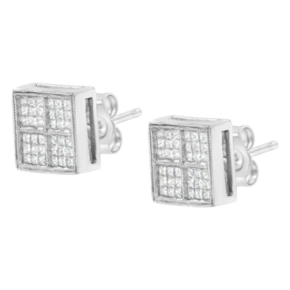 14K White Gold 1/2 Cttw Princess Diamond Composite Box Shape Milgrain Stud Earrings (H-I Color, SI1-SI2 Clarity) Bids.com
