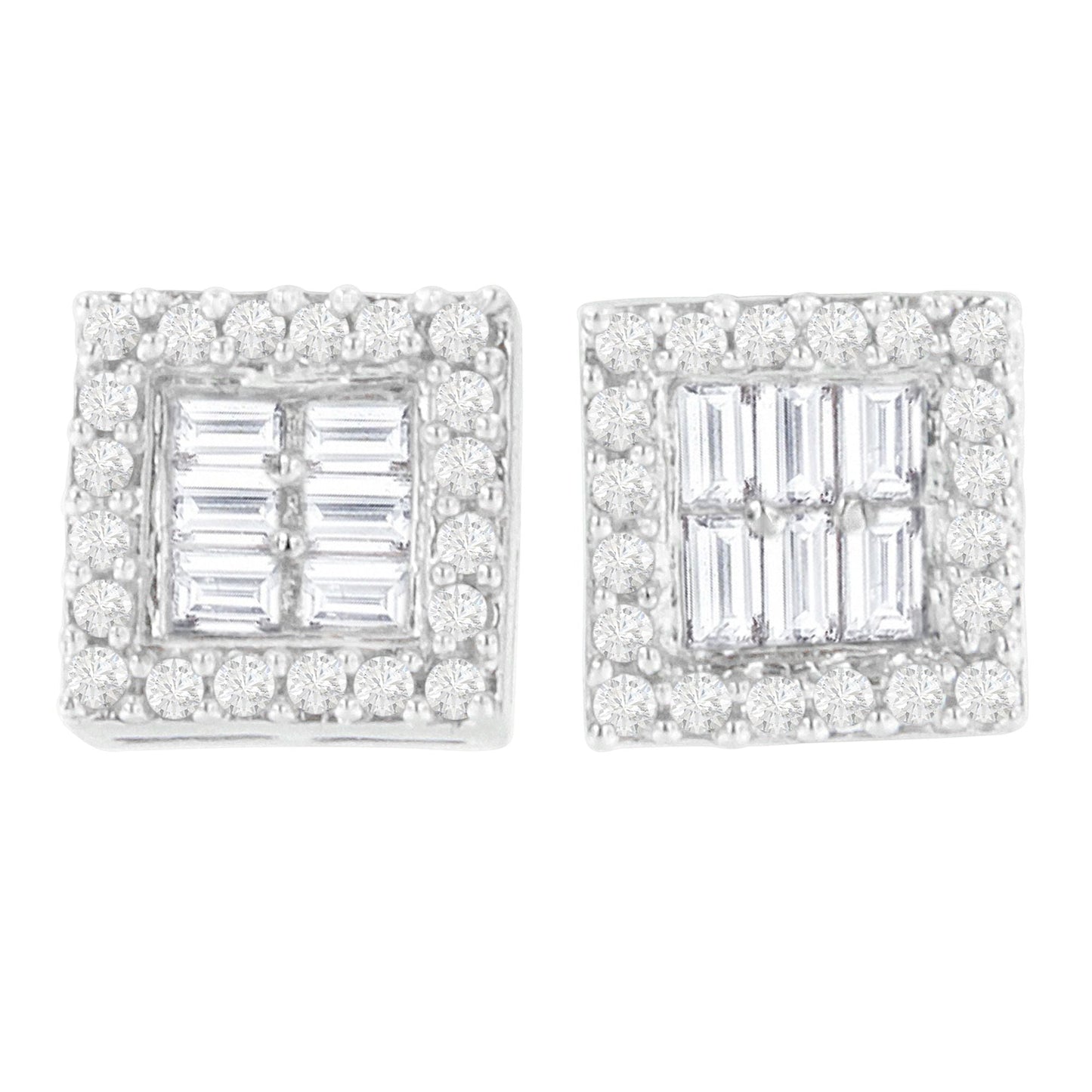 14K White Gold 1 cttw Round and Baguette Diamond Stud Earrings (H-I, SI1-SI2) Bids.com