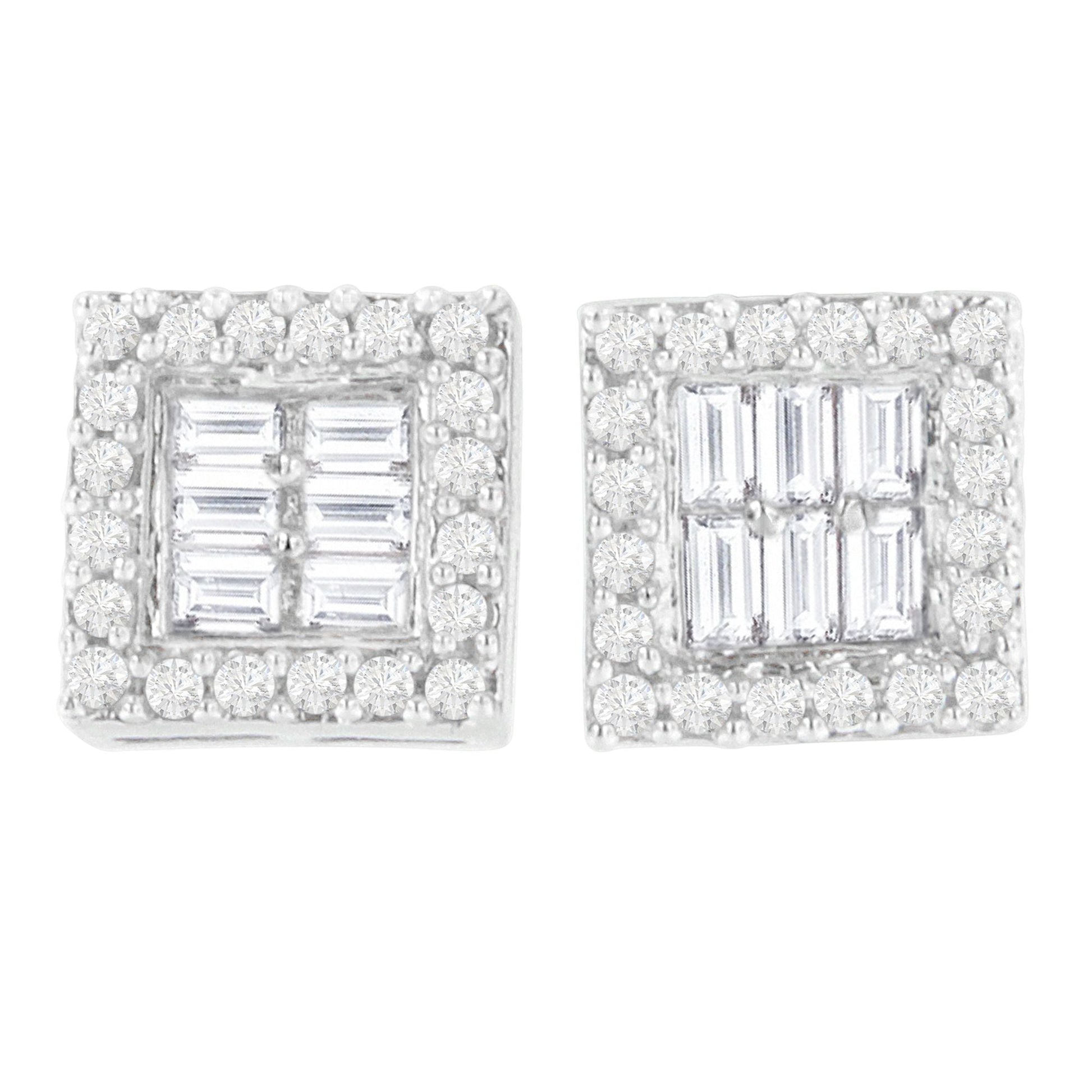 14K White Gold 1 cttw Round and Baguette Diamond Stud Earrings (H-I, SI1-SI2) Bids.com