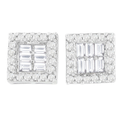 14K White Gold 1 cttw Round and Baguette Diamond Stud Earrings (H-I, SI1-SI2) Bids.com