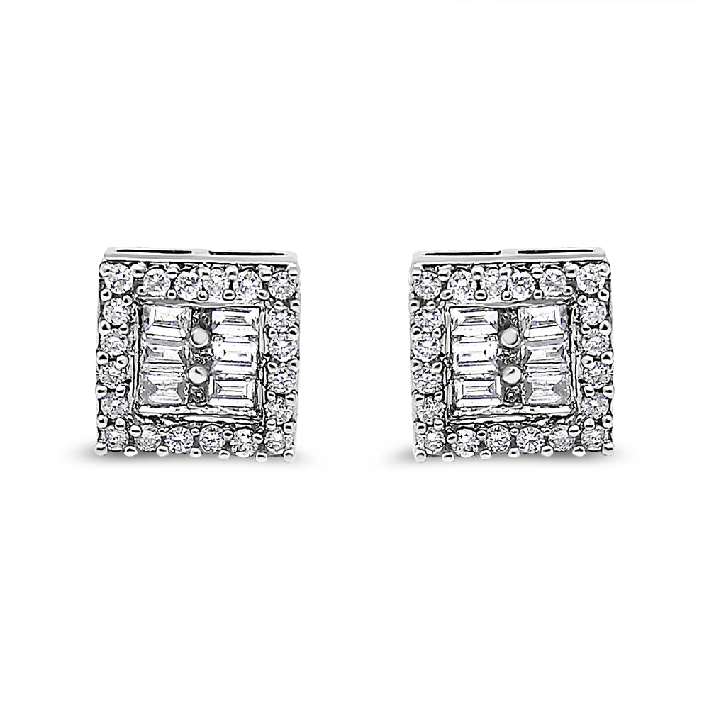 14K White Gold 1 cttw Round and Baguette Diamond Stud Earrings (H-I, SI1-SI2) Bids.com