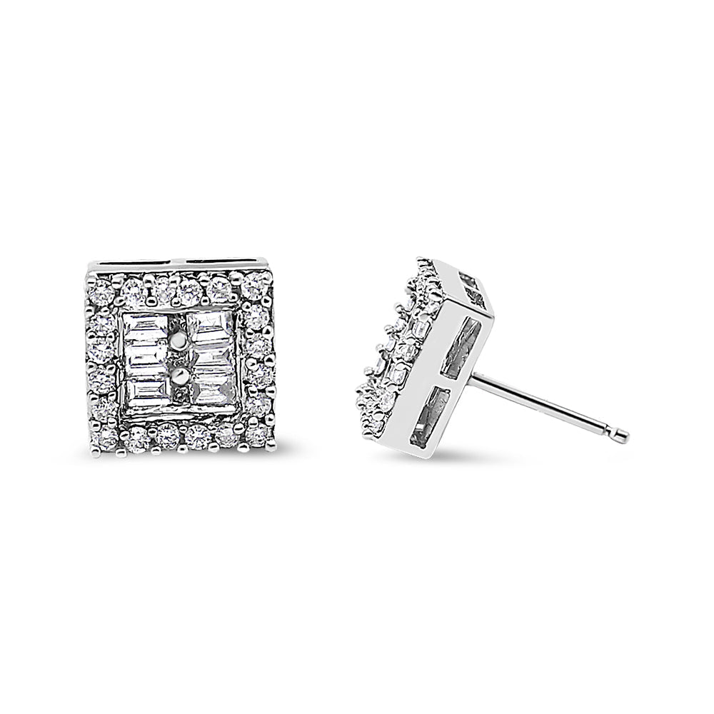 14K White Gold 1 cttw Round and Baguette Diamond Stud Earrings (H-I, SI1-SI2) Bids.com