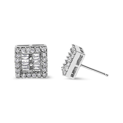 14K White Gold 1 cttw Round and Baguette Diamond Stud Earrings (H-I, SI1-SI2) Bids.com