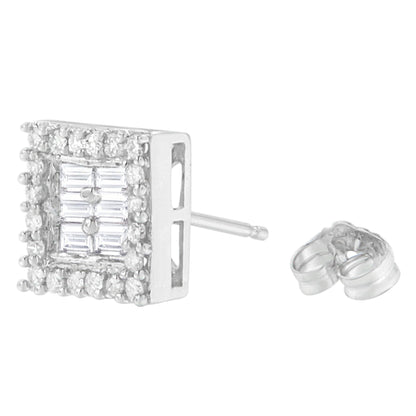 14K White Gold 1 cttw Round and Baguette Diamond Stud Earrings (H-I, SI1-SI2) Bids.com