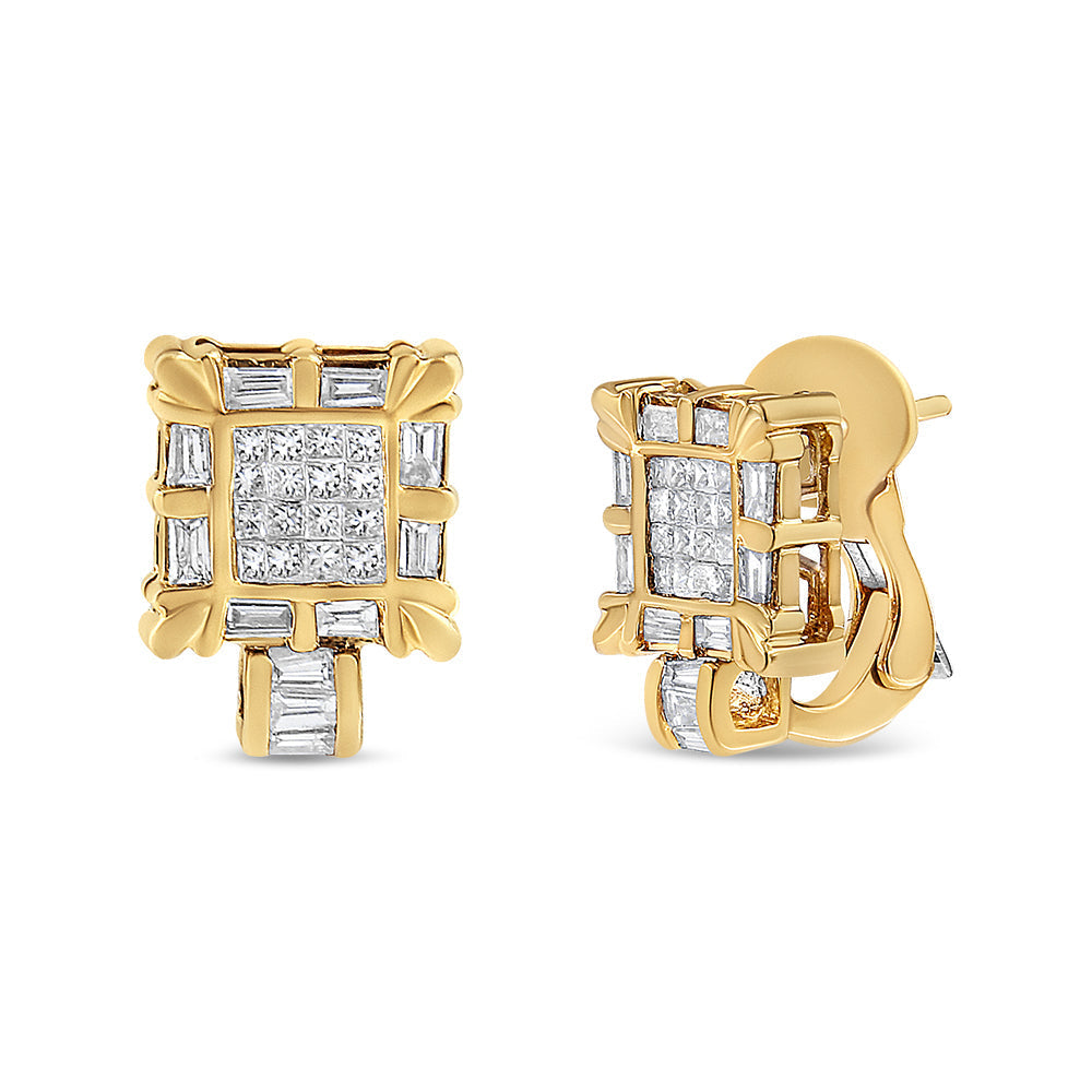 14K Yellow Gold 7/8 Cttw Princess and Baguette-Cut Diamond Square Framed Huggie Hoop Omega Earrings (H-I Color, SI1-SI2 Clarity) Bids.com
