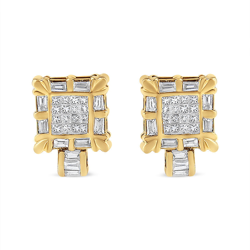 14K Yellow Gold 7/8 Cttw Princess and Baguette-Cut Diamond Square Framed Huggie Hoop Omega Earrings (H-I Color, SI1-SI2 Clarity) Bids.com
