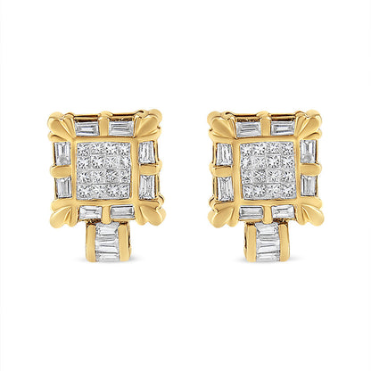 14K Yellow Gold 7/8 Cttw Princess and Baguette-Cut Diamond Square Framed Huggie Hoop Omega Earrings (H-I Color, SI1-SI2 Clarity) Bids.com