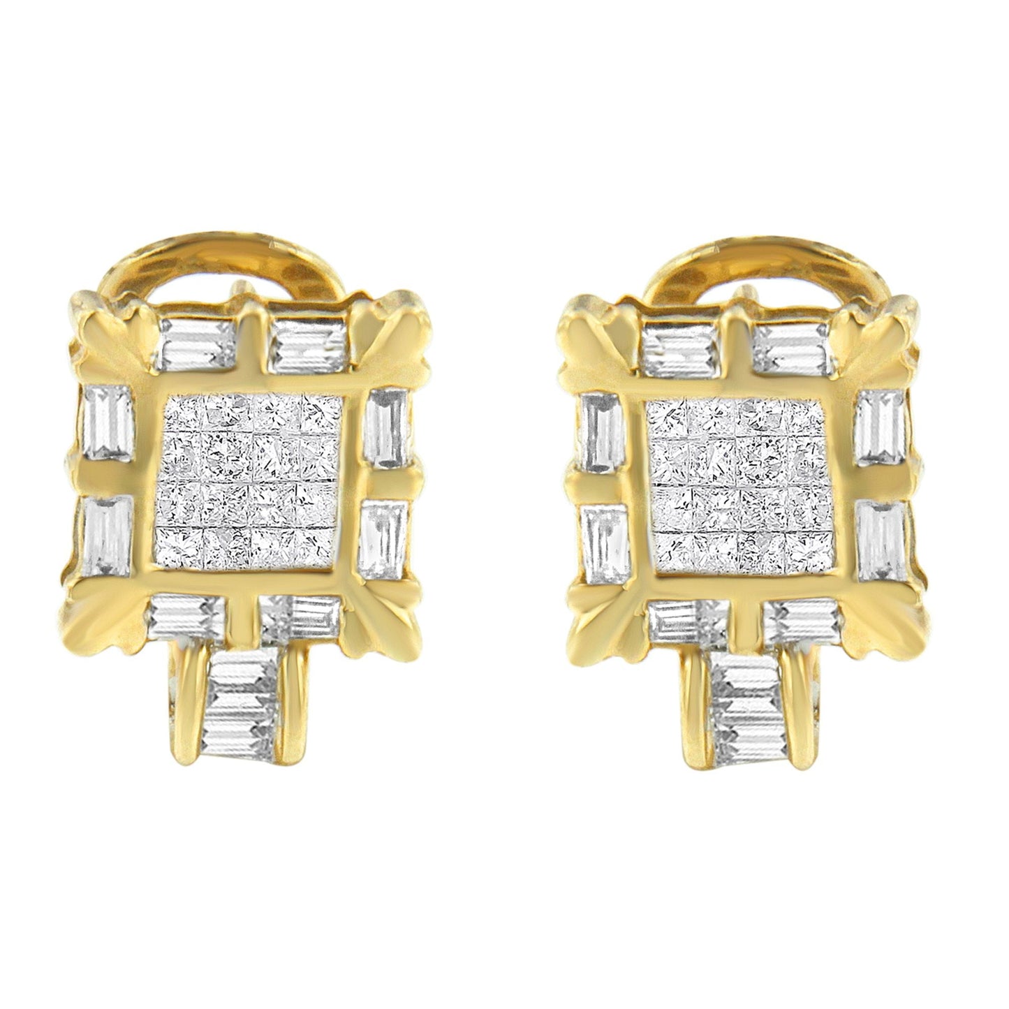 14K Yellow Gold 7/8 Cttw Princess and Baguette-Cut Diamond Square Framed Huggie Hoop Omega Earrings (H-I Color, SI1-SI2 Clarity) Bids.com