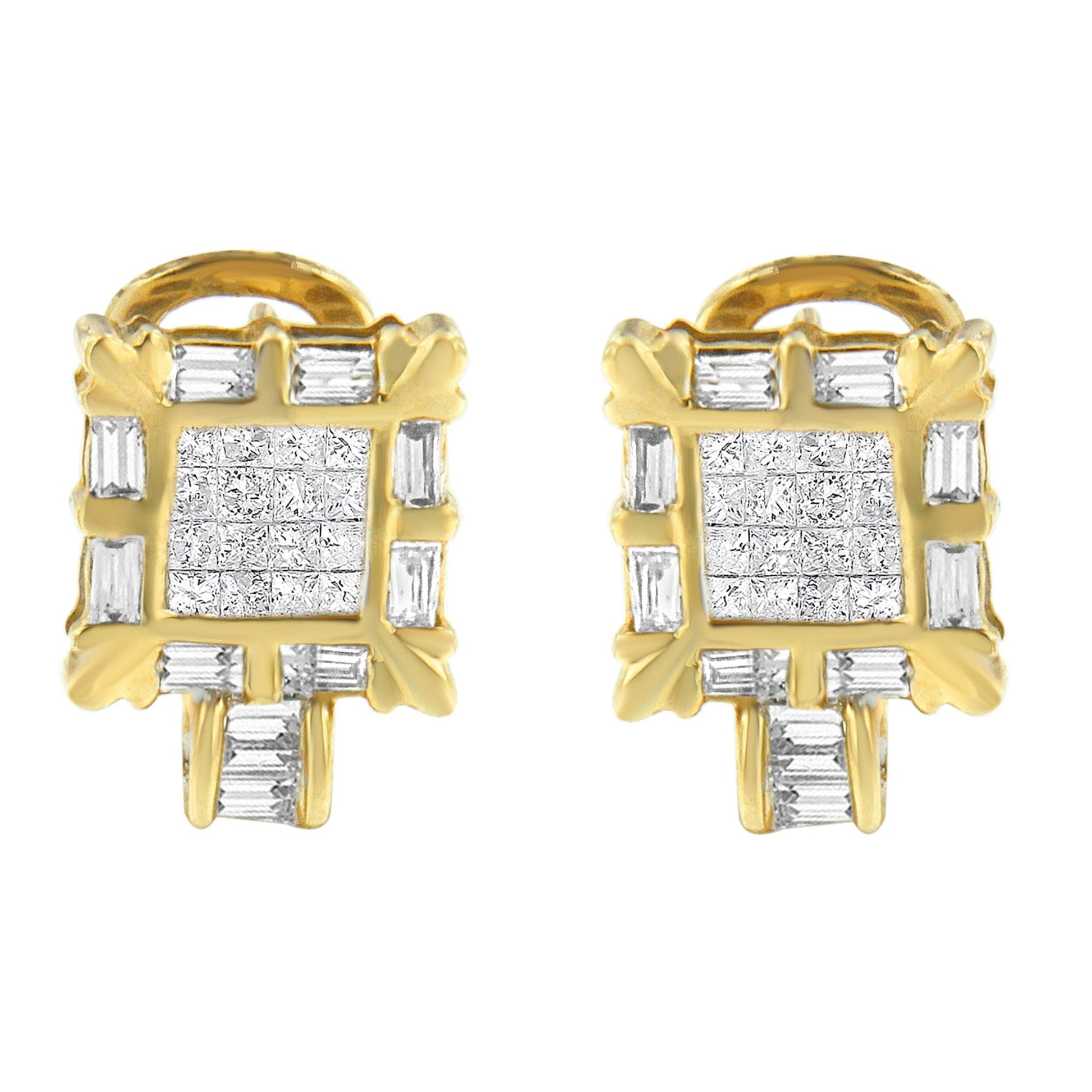 14K Yellow Gold 7/8 Cttw Princess and Baguette-Cut Diamond Square Framed Huggie Hoop Omega Earrings (H-I Color, SI1-SI2 Clarity) Bids.com