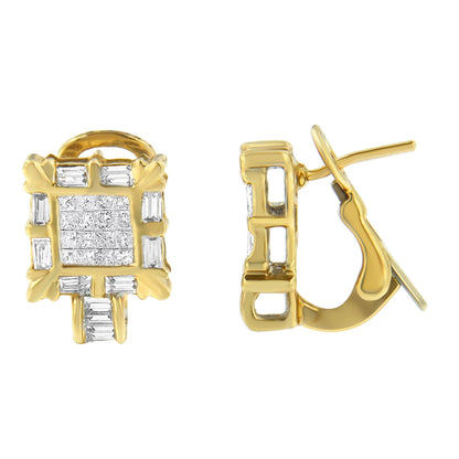 14K Yellow Gold 7/8 Cttw Princess and Baguette-Cut Diamond Square Framed Huggie Hoop Omega Earrings (H-I Color, SI1-SI2 Clarity) Bids.com