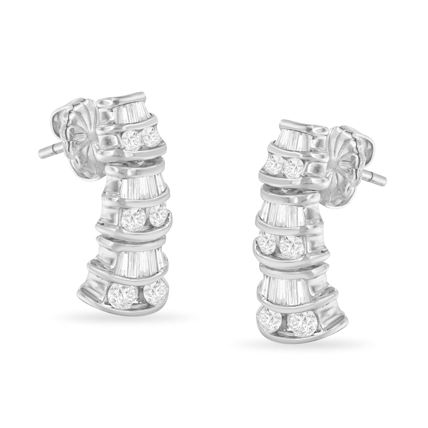 14K White Gold 7/8 cttw Baguette & Round Brilliant-Cut Diamond Dangle Multi Row Earrings (H-I Color, SI2-I1 Clarity) Bids.com