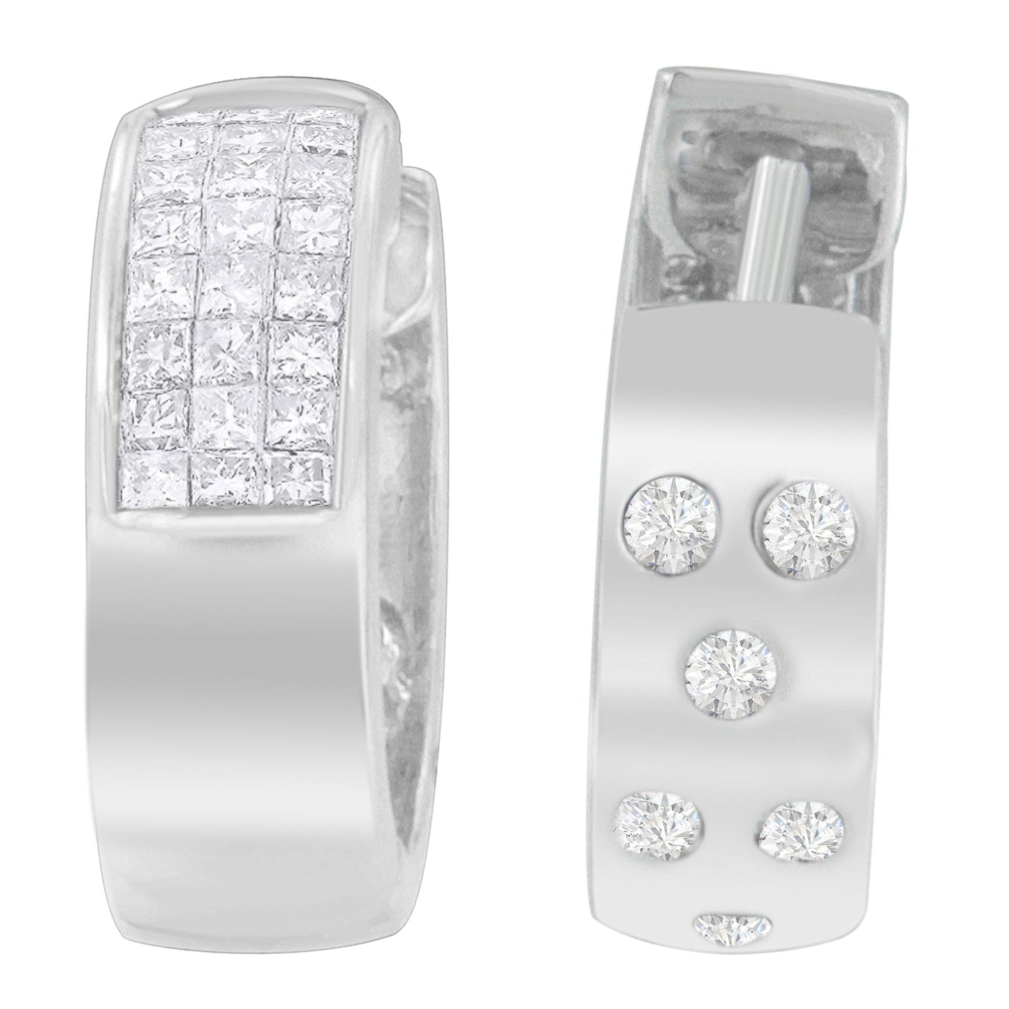 14K White Gold 1 1/8 cttw Princess and Round Cut Diamond Huggie Earrings (H-I, VS1-VS2) Bids.com