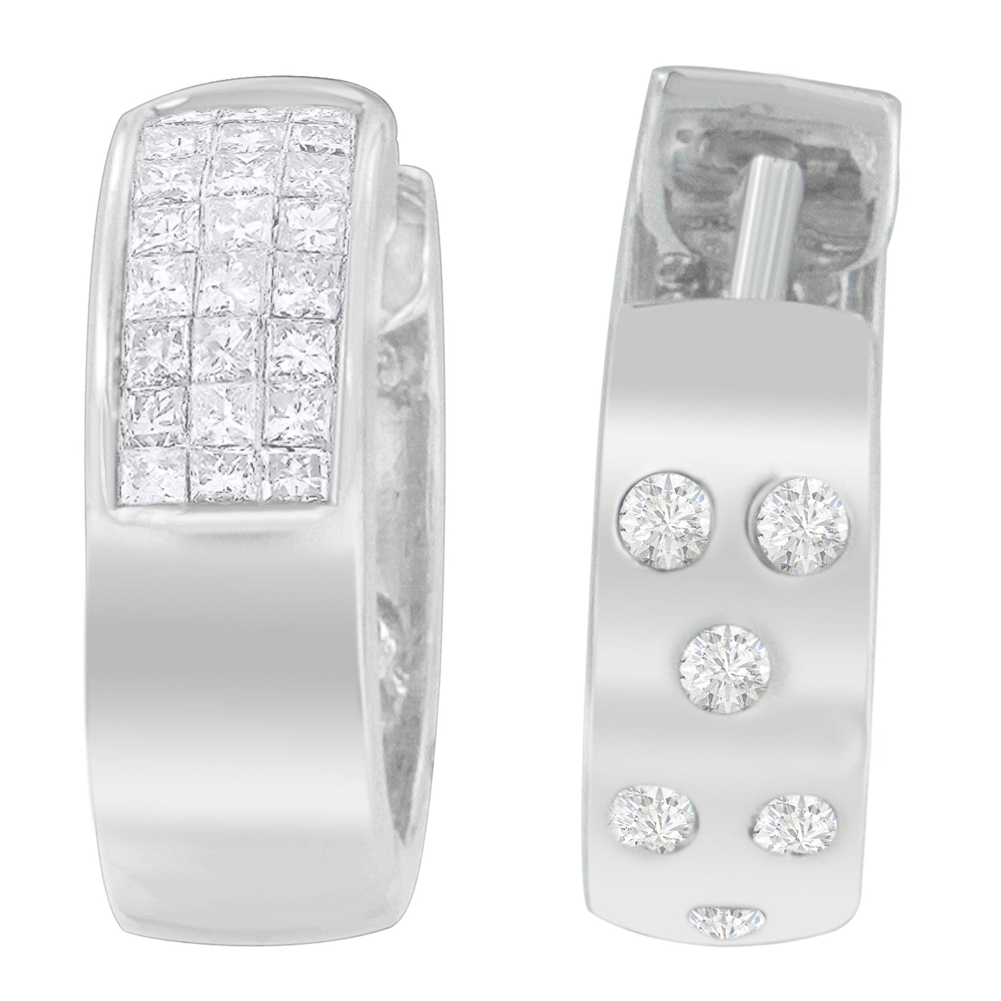 14K White Gold 1 1/8 cttw Princess and Round Cut Diamond Huggie Earrings (H-I, VS1-VS2) Bids.com