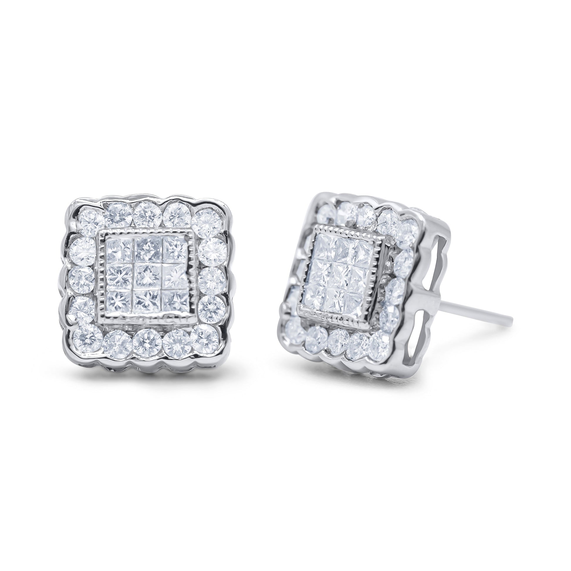 14K White Gold 1.0 Cttw Round Brilliant & Princess Cut Diamond Scallop-Edge Framed Square Halo Stud Earrings (G-H Color, SI1-SI2 Clarity) Bids.com